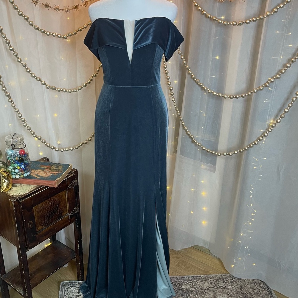 Watters Blue Slit Gown with Flutter Cap Sleeves